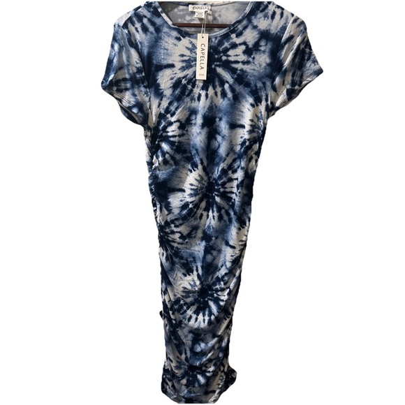🆕Capella Elegant Blue Tie-Dye Midi Bodycon Stretch Casual Summer/Spring Dress 1X - Picture 3 of 5